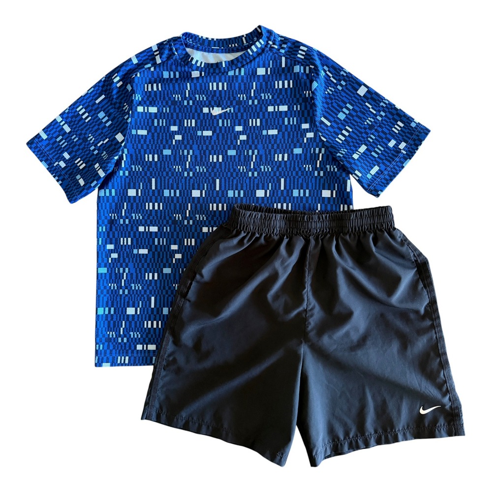 Nike Miller Boys Blue Geometric Dri-FIT Shirt Black Shorts Outfit - Youth XL